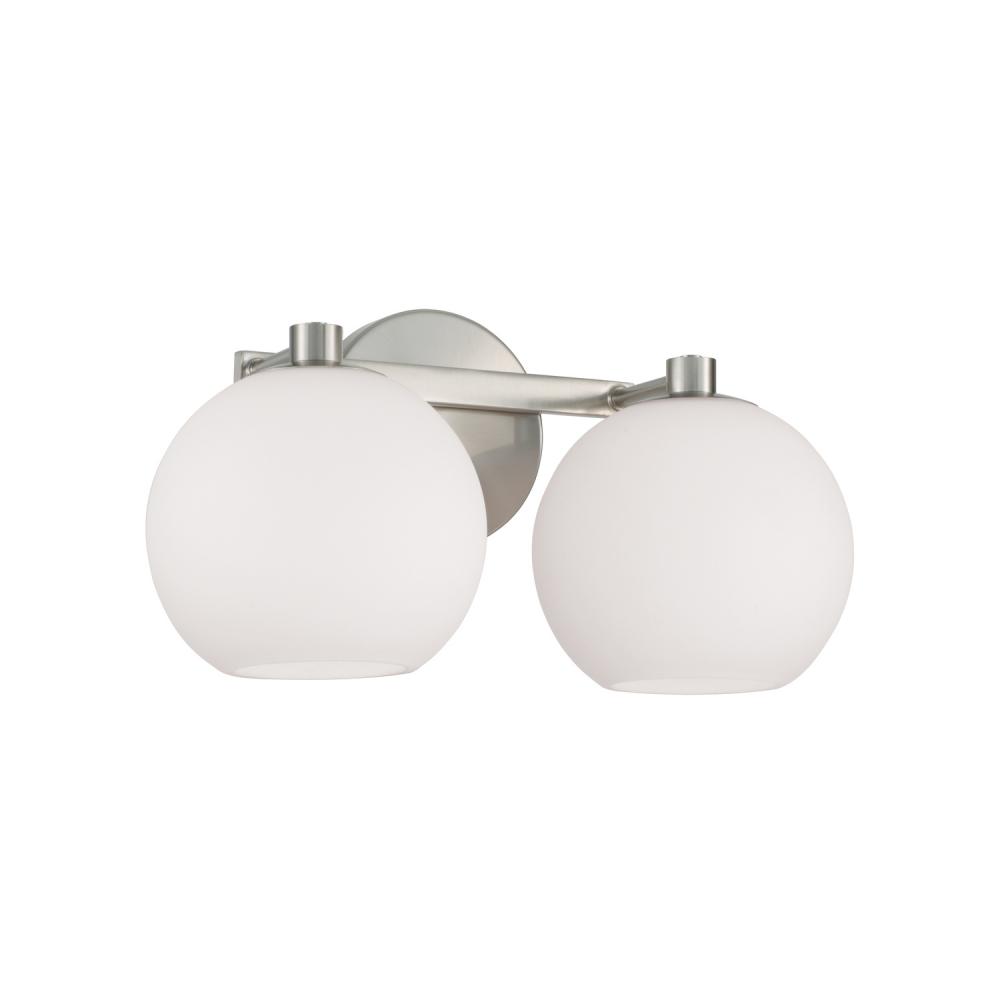 2-Light Circular Globe Vanity in Brushed Nickel with Soft White Glass