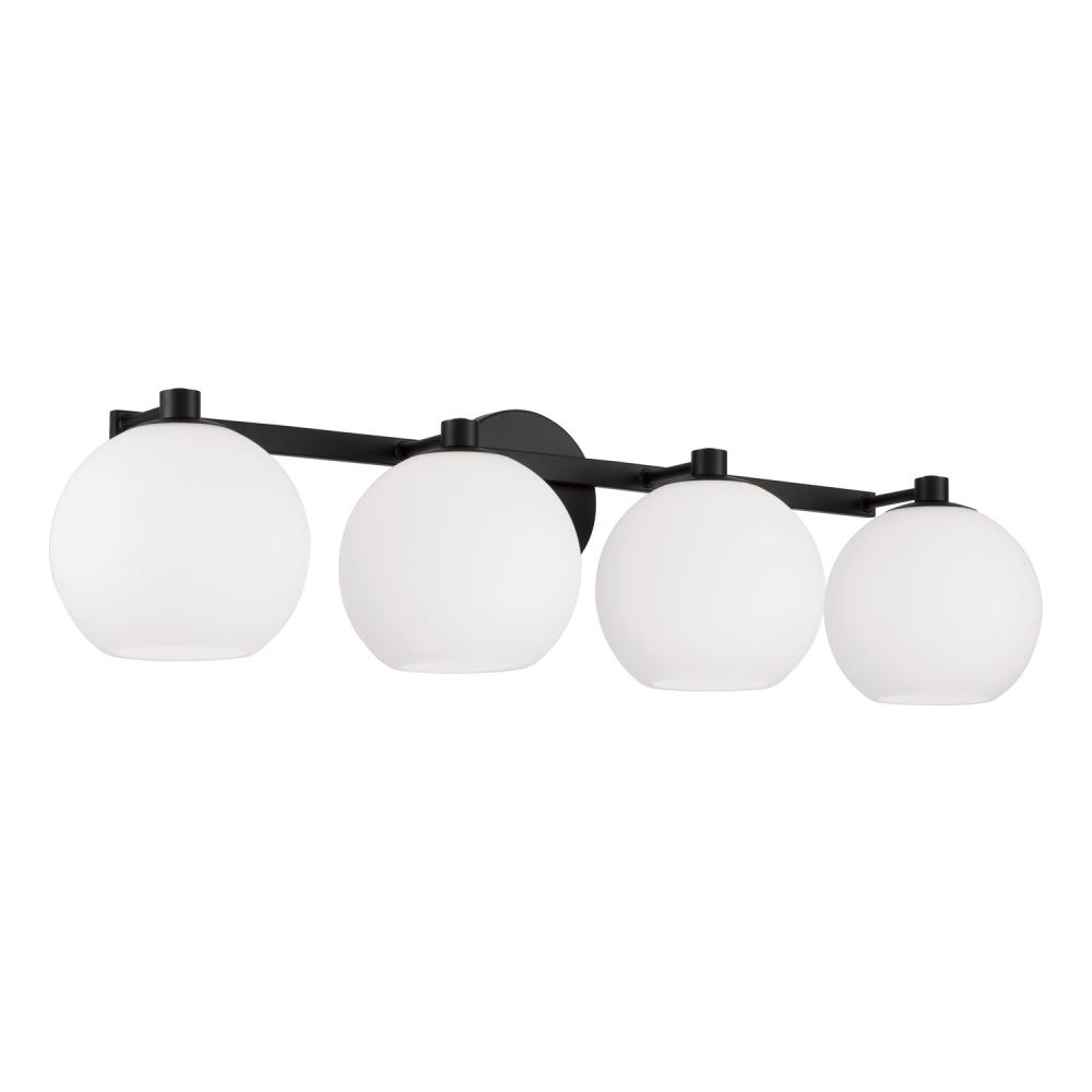 4-Light Circular Globe Vanity in Matte Black with Soft White Glass