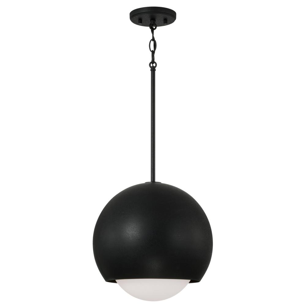 1-Light Circular Globe Pendant in Black Iron with Soft White Glass