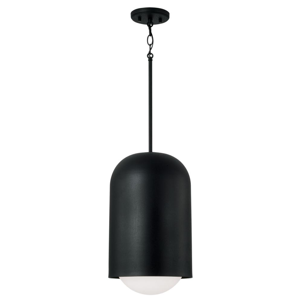 1-Light Capsule Arch Pendant in Black Iron with Soft White Glass