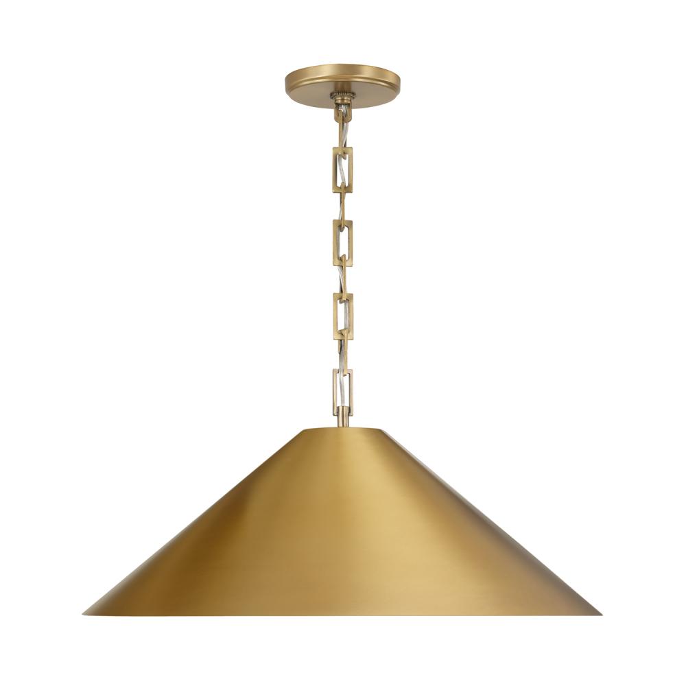 1-Light Metal Cone Pendant in Aged Brass with Painted Brass Interior and Rectangular Designer Chain