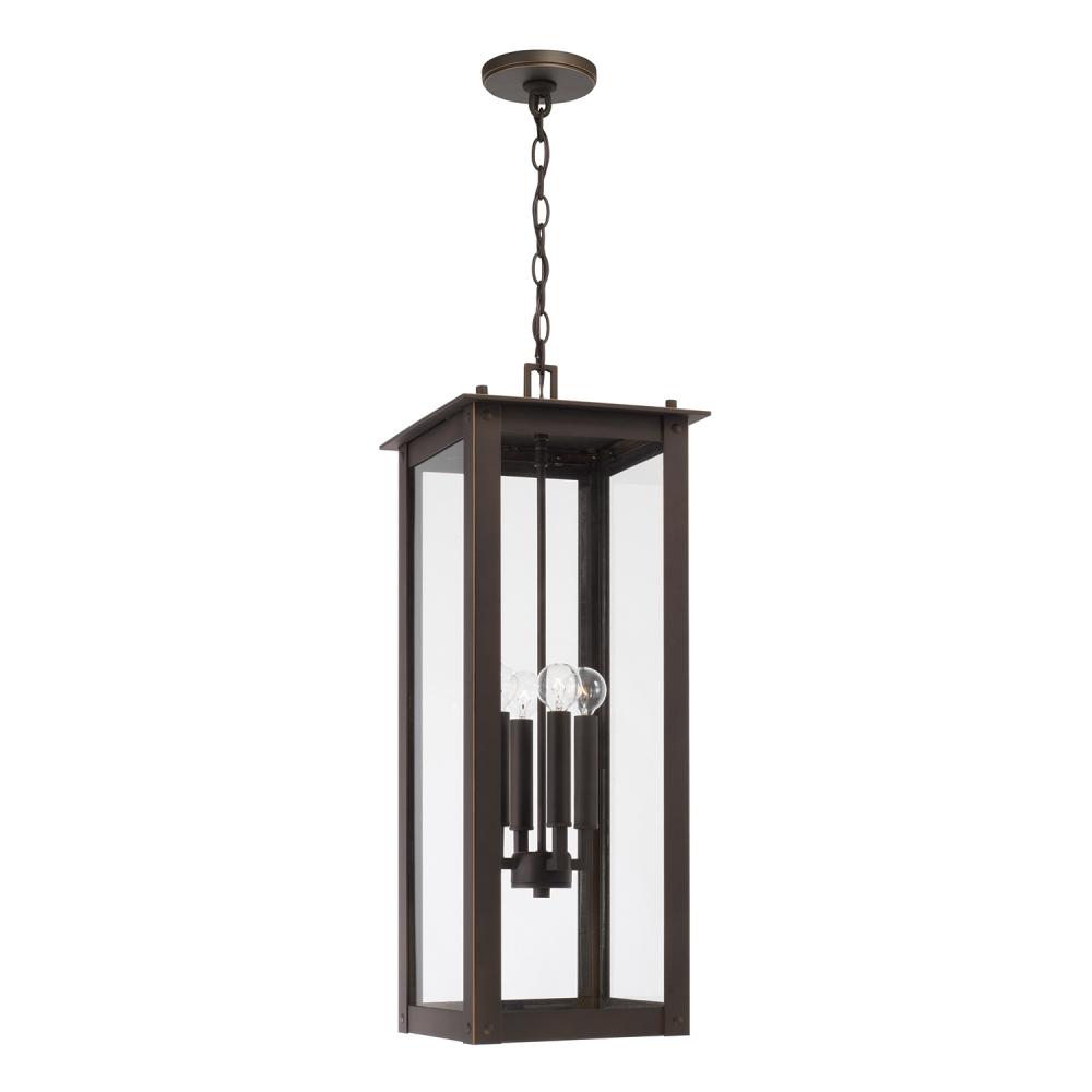 4-Light Outdoor Rectangular Hanging Lantern in Oiled Bronze with Clear Glass