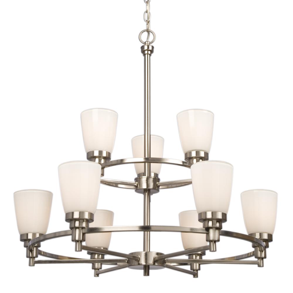 Nine Light Chandelier - Brushed Nickel w/ White Opal Glass