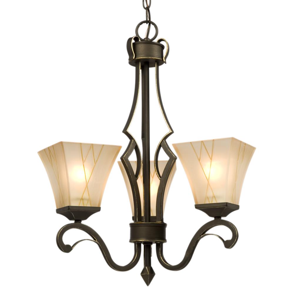 Three Light Chandelier - Oil Rubbed Bronze / Gold with Beige Frosted Etched Glass