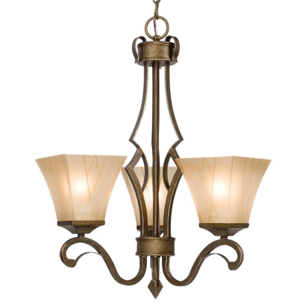 Three Light Chandelier - Olde World Gold with Beige Frosted Etched Glass