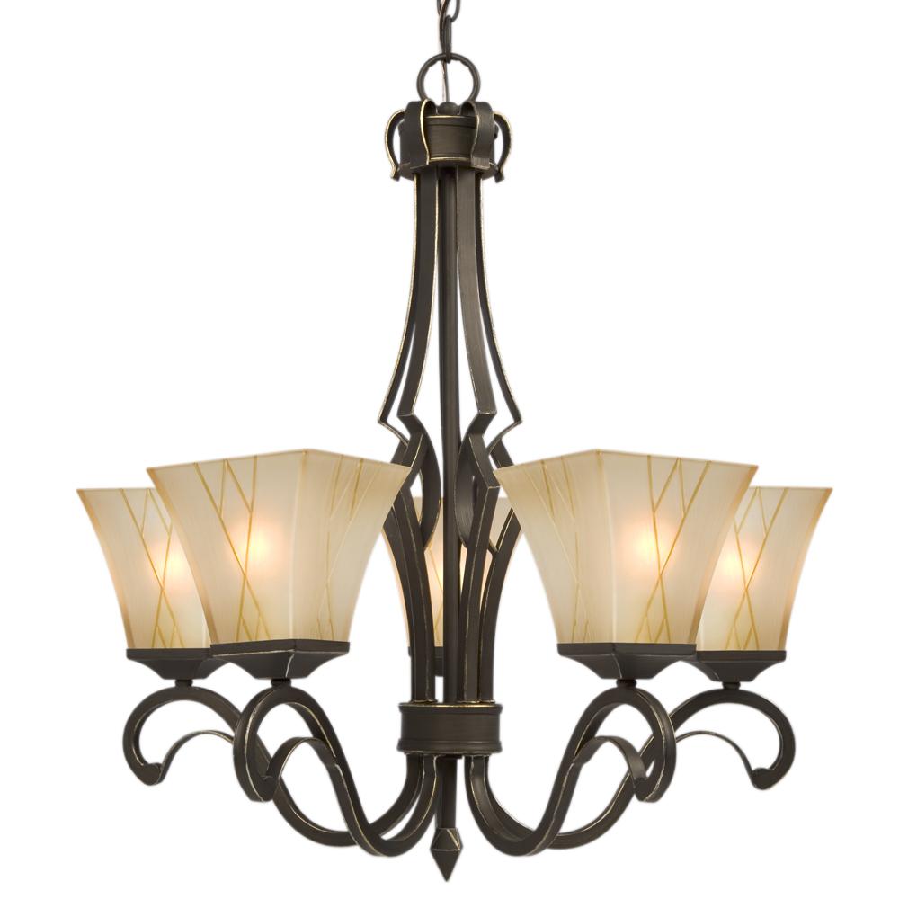Five Light Chandelier - Oil Rubbed Bronze / Gold with Beige Frosted Etched Glass