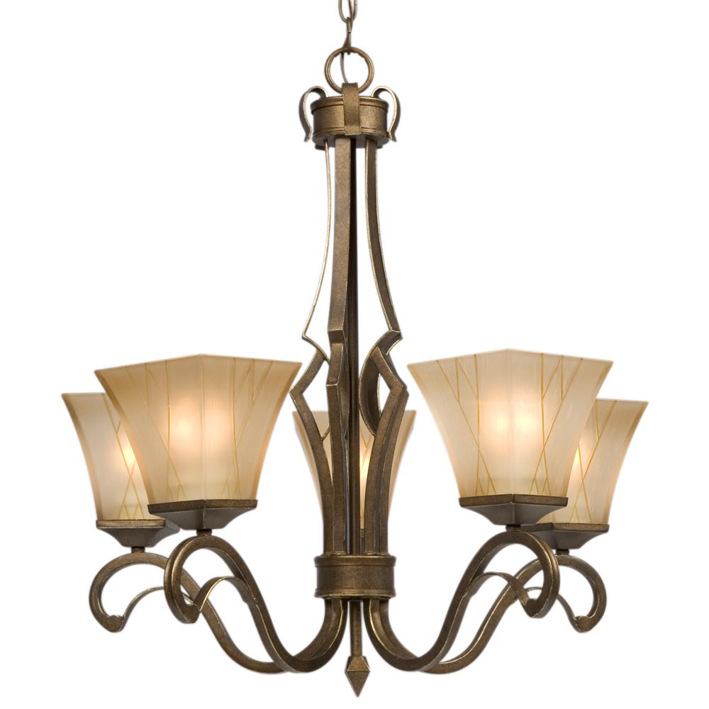 Five Light Chandelier - Olde World Gold with Beige Frosted Etched Glass