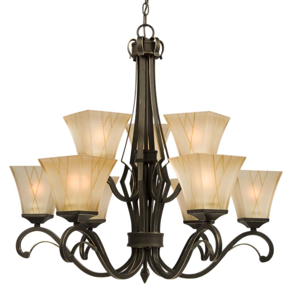 Nine Light Chandelier - Oil Rubbed Bronze / Gold with Beige Frosted Etched Glass