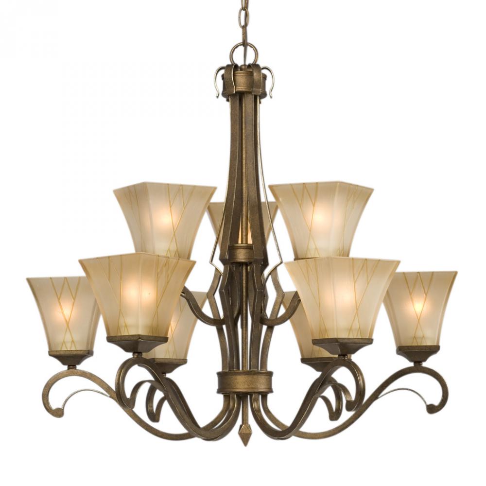 Nine Light Chandelier - Olde World Gold with Beige Frosted Etched Glass